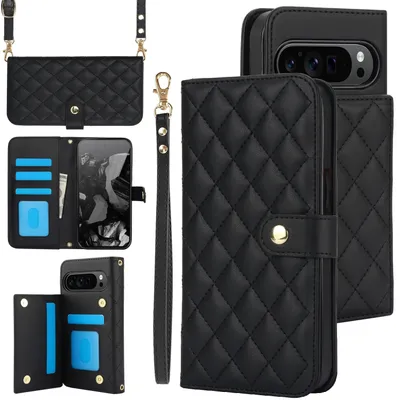 A collection of black quilted phone cases and accessories arranged on a white background.