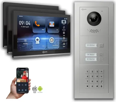 Produktbild von Goliath IP Video Türsprechanlage: 10-Zoll 3 Familienhaus, Zahlencode, Silber : 10 Zoll Schwarz : 4er POE : Aufputz Dose Anschluss: 4er POE Monitor Farbe: 10 Zoll Schwarz Montage: Aufputz Dose