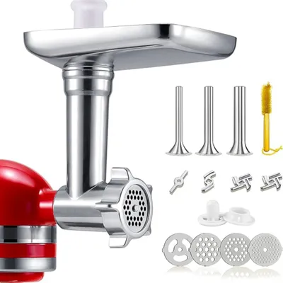 Produktbild von Traumheim Fleischwolf & Wurstfüller Aufsätze Set für KitchenAid – Edelstahl, spülmaschinenfest, robust