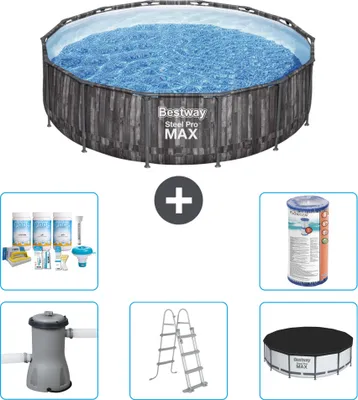 Produktbild von Bestway Round Steel Pro MAX Schwimmbad – Holzdruck – 427 x 107 cm – inklusive Pumpe – Leiter – Abdeckung Wartungspaket - Filter