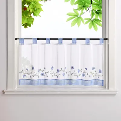 Image de Rideau brodé - Voilage, rideaux courts - Bleu, dimensions 140 x 45 cm