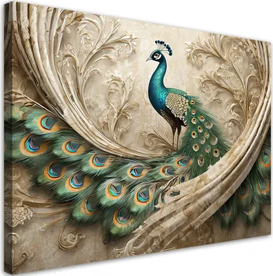 Produktbild von Leinwandbild Tiere Pfau Beige 100x70 Feeby Beige bild für die wand bereit zum aufhängen