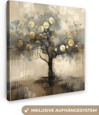 Produktbild von MuchoWow® - Leinwandbilder - Beige - Abstrakt - Baum - Gold, Wandbild, Wanddeko Bilder Wohnzimmer, 90x90 cm