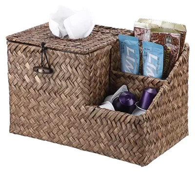 Immagine prodotto di Contenitore per fazzoletti cosmetici in alghe marine, con 2 tasche laterali, color caffè, dimensioni 23,7 x 14,3 x 14,5 cm