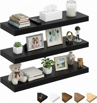 Zdjęcie produktu dla Półka ścienna, 100 cm, czarna, MDF, zestaw 3 sztuk, do salonu