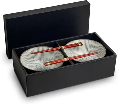 Produktbild von SHIMA Set aus 2 Suppen- und Reisschalen, Ø 17 cm, H 8,7 cm, mit 2 Paar Essstäbchen aus Japan