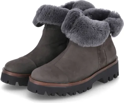 A pair of grey women's boots with grey fur trim and thick black soles, presented against a white background.