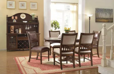 Produktbild von Designer Holz Ess Wohn Zimmer Set Tisch 6x Lehn Stühle Set Garnitur Polster 7tlg