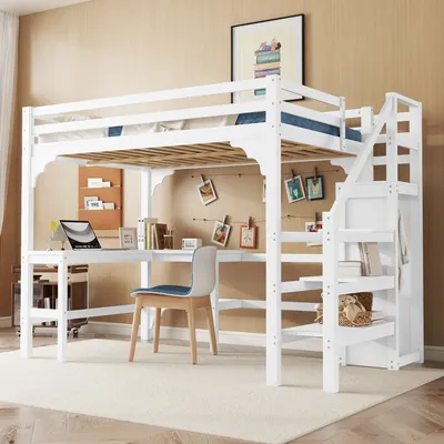 Image de OKWISH Lit Mezzanine 140x200 cm - Lit Combiné Avec Bureau L-Forme Et Armoire Ouverte, Lit Junior En Bois, Sans Matelas, Blanc