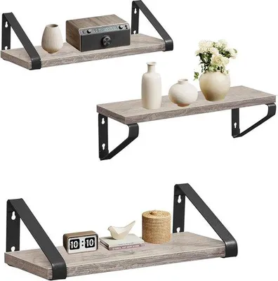 Produktbild von Famanu Wandregal Set 3er, grau-schwarz, industrielles Design, schwebende Regale für Wohnzimmer oder Küche