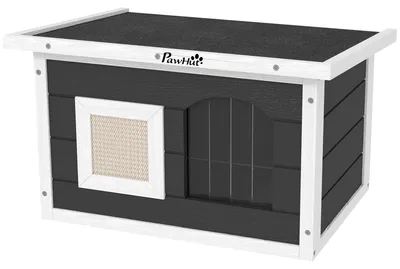 Productafbeelding van PawHut kattenhuis, buitenkattenhol van hout, met krabmat en deur, grijs