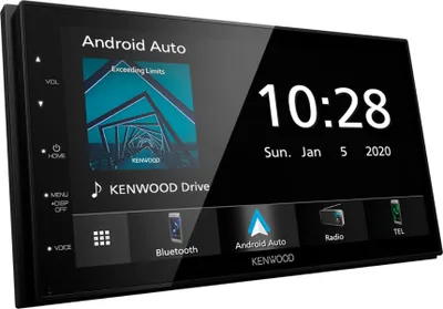 A close-up, angled view of a Kenwood car stereo display showing the Android Auto interface and clock.
