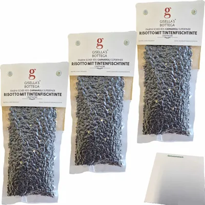 Produktbild von Gisellas Bottega Risotto mit Tintenfischtinte 3er Pack (3x200g Packung) + usy Block