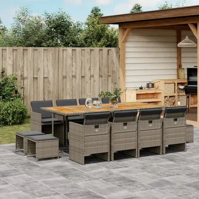 Produktbild von Design 13-tlg. Garten-Essgruppe mit Kissen Grau Poly Rattan, Gartenmöbel-Sets 2024 Neu
