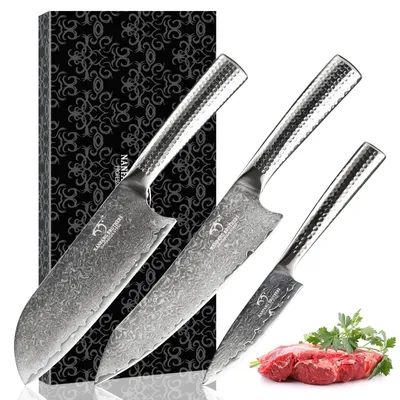 Damast-Küchenmesserset, 3-teilig, Kochmesser, Santoku, Schälmesser