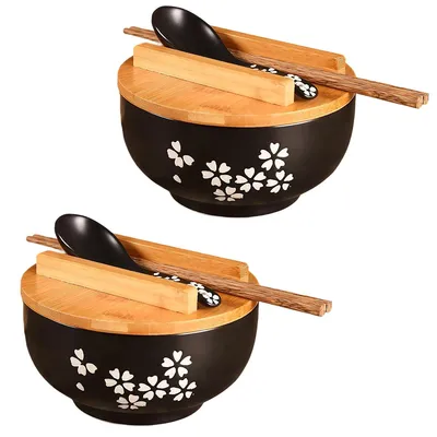 Produktbild von Keramik Nudelschüssel mit Deckel und Löffel, 1000ml Ramen Schüssel Set, japanisches Essgeschirr in Schwarz Suppenschüssel