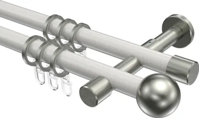 Produktbild von Interdeco Gardinenstange / Vorhangstange Weiß / Edelstahl-Optik, Typ Prestige Luino (Kugel), 20 mm Ø 2-läufig, 280 cm
