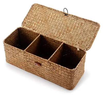 Produktbild von Aufbewahrungskorb aus Seegras mit Deckel, geflochten, rechteckig, zur Organisation von Snackspielzeug (42 cm x 14 cm x 14 cm)