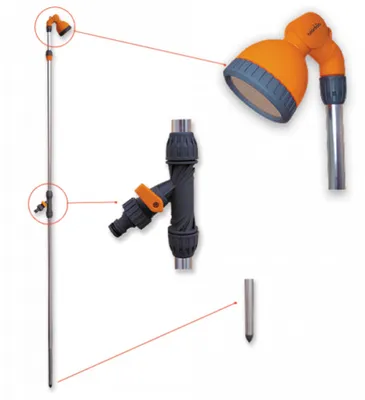 A garden shower with accessories, laid out against a white background.