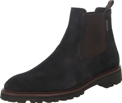 A single black suede Chelsea boot is shown against a white background.