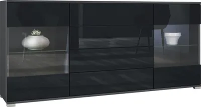 Produktbild von Vladon Sideboard Bari V2, Kommode mit 2 großen Türen und 4 Schubladen, Anthrazit matt/Schwarz Hochglanz (166,5 x 75,5 x 35)