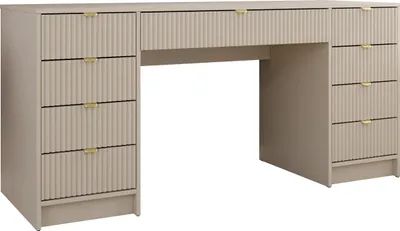 Produktbild von MIRJAN24 Schreibtisch und Schminktisch Tireno Bis, Schlafzimmer Kosmetiktisch mit neun Schubladen, Goldfarben Aluminiumgriffe (Farbe: Sandbeige)