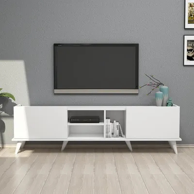 Produktbild von Skye Decor, Hochwertiger TV-Ständer, Weiß, 180 x 52 x 34 cm | 100% melaminbeschichtete Spanplatte, 18 mm dick | Mit zahlreichen Regalen, Wandmontage möglich, skandinavisches Design.