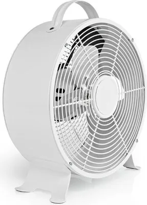 A white retro-style desk fan is shown from a side angle on a white background.