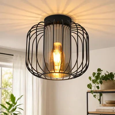 Productafbeelding van ZMH Plafondlamp Vintage, 1 lichtpunt, met glazen kap, E27. Metalen plafondlamp, industriële stijl, geschikt voor hal, slaapkamer, keuken, kantoor, zwart