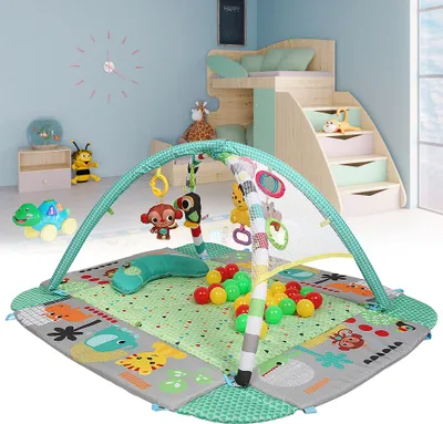 Produktbild von WYCTIN Krabbeldecke Erlebnisdecke Spielbogen Spielmatte mit anpassbaren Wänden, Melodien,30 Bällen und Spielzeugen Grün