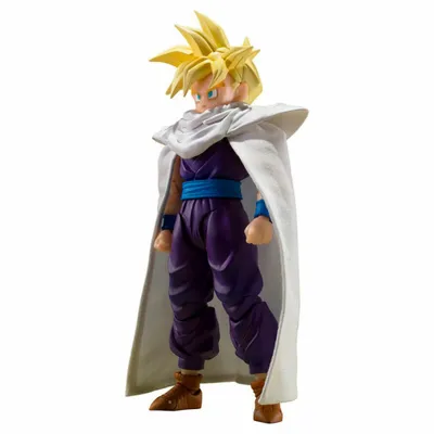 A full-body shot of an action figure of Super Saiyan Son Gohan from Dragon Ball Z, standing against a white background.