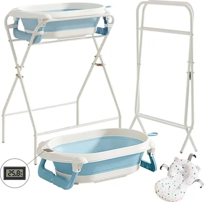 Produktbild von 3-in-1 faltbare Babybadewanne - RJ320 - Integriertes Thermometer - Badekissen - Metallständer - Reise & Outdoor - 7–12 Monate - Blau