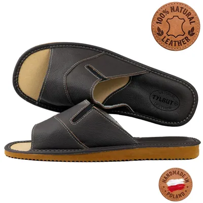 Productafbeelding van Heren slippers, leer, rundleer, open model, bruin, elastisch, met de hand genaaid, maat 44