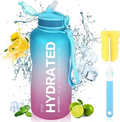 Produktbild von Famanu Sporttrinkflasche 2,2 Liter - Motivierende Wasserflasche mit Strohhalm und Zeitmarkierung