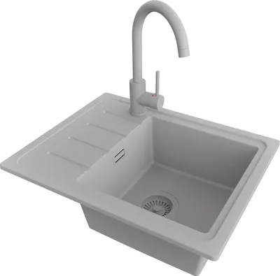 Produktbild von PRIMAGRAN Granitspüle Grau 55x44cm, Spülbecken 1 Becken + Küchenarmatur 32x20cm + Ablauf-Set, Küchenspüle ab 45er Unterschrank - Kopenhagen Easy
