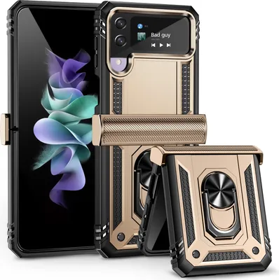 Produktbild von Galaxy Z Flip4 Hülle, Dual Layer Robust Militäre Scharnierschutz Schutzhülle mit Ringhalterung Ständer für Samsung Galaxy Z Flip 4 5G Gold