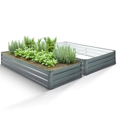 Two metal raised garden beds, one planted with herbs and the other empty, are shown against a white background.