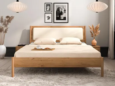 Produktbild von Bett PARIS Eiche massiv mit Leinen-Polsterkopfteil 90x200