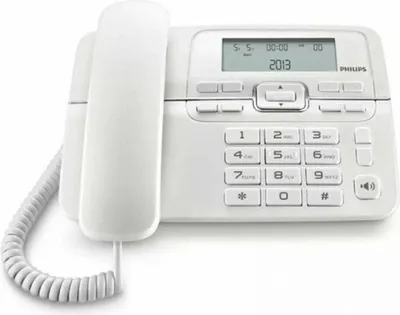 A white Philips corded telephone is shown against a white background.