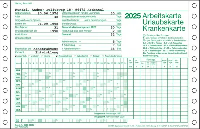 Produktbild von EDV-Arbeits-, Urlaubs-, Krankenkarte für die Beschriftung durch Drucker auf Endlospapier mit Perforationslinien, Endformat DIN A5