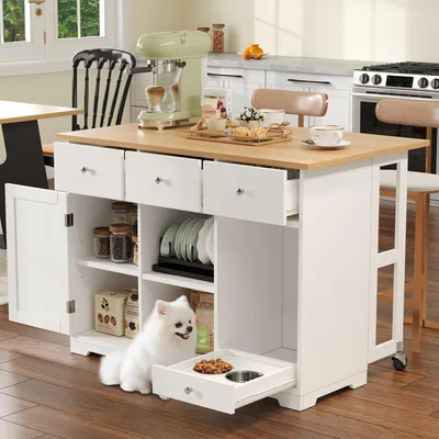 Immagine prodotto di Carrello da cucina Fortuna Lai, carrello di servizio mobile, isola da cucina con cassetto, armadio da cucina con ciotola per animali domestici/zona pranzo per animali domestici, 120*70*90 cm, bianco