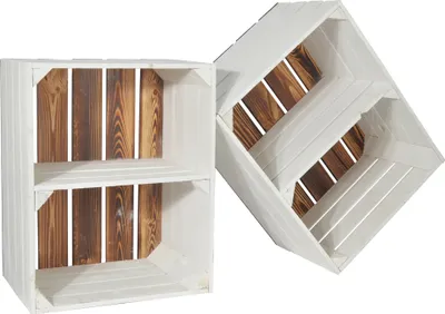 Produktbild von CHICCIE 2 Set Holzkiste Grete Weiß Geflammt Mit Kurzem Regal 50x40x30cm Gehobelt - Holzkisten Obstkisten Weinkisten Regale