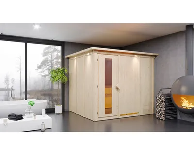 Produktbild von Elementsauna Karibu Gobina inkl. 9 kW Ofen u.ext.Steuerung mit Dachkranz und Holztüre mit Isolierglas wärmegedämmt
