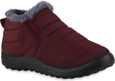 A single burgundy boot with gray fur lining and a black sole is shown against a white background.