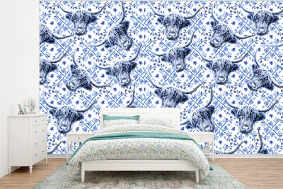 Produktbild von MuchoWow® Fototapete für Wohnzimmer oder Schlafzimmer Wandtapete Vinyl Motivtapete Delfter Blau - Schottischer Highlander - Tiere - 375x280 cm - Schlafzimmer tapete