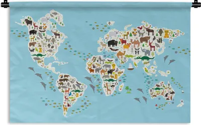 Produktbild von MuchoWow® Wandteppich Wandbehang Weltkarte - Kinder - Tiere - Blau - Jungen - Mädchen 60x40 cm Tapisserie Dekoration Wandtuch - Wanddekorationen