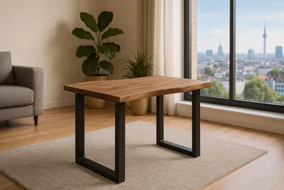 A dining table is placed on a rug in a room with a large window overlooking a city skyline.