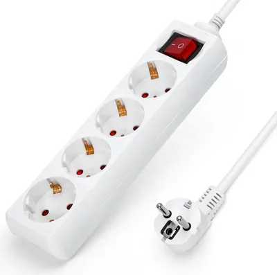 A white power strip with four sockets and a red on/off switch, shown with its European-style plug.