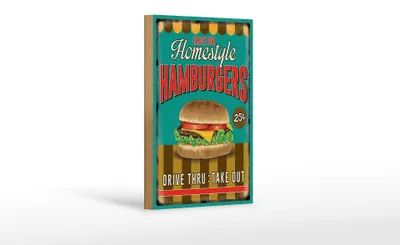 Produktbild von Holzschild Essen 12x18cm Hamburgers enjoy our Homestyle