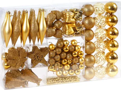 Produktbild von DEUBA® Weihnachstkugeln 102tlg Ø 3-6cm Kunststoff matt glänzend Christbaumkugeln Christbaumschmuck Anhänger Weihnachtsbaumkugeln Weihnachtsdeko Gold